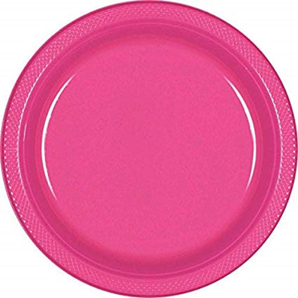 Bright pink round plastic plate with textured rim, 10-inch diameter.
