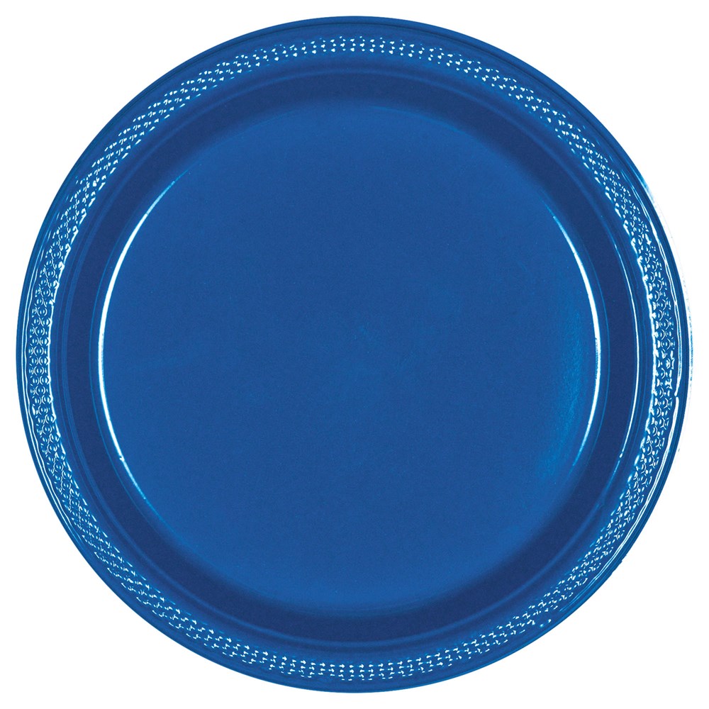 Bright royal blue 10-inch round plastic plate with decorative embossed border.