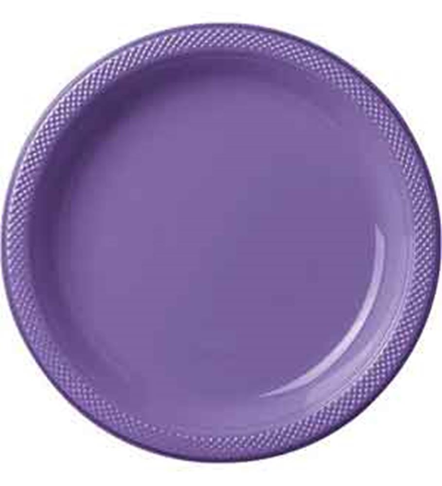 Round 10-inch purple plastic plate with textured rim, set of 20 pieces.