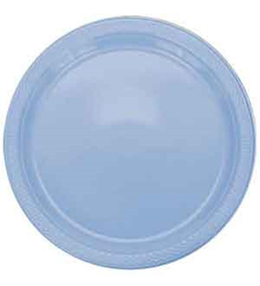 Round 10-inch pastel blue plastic plate with smooth slightly raised edges.