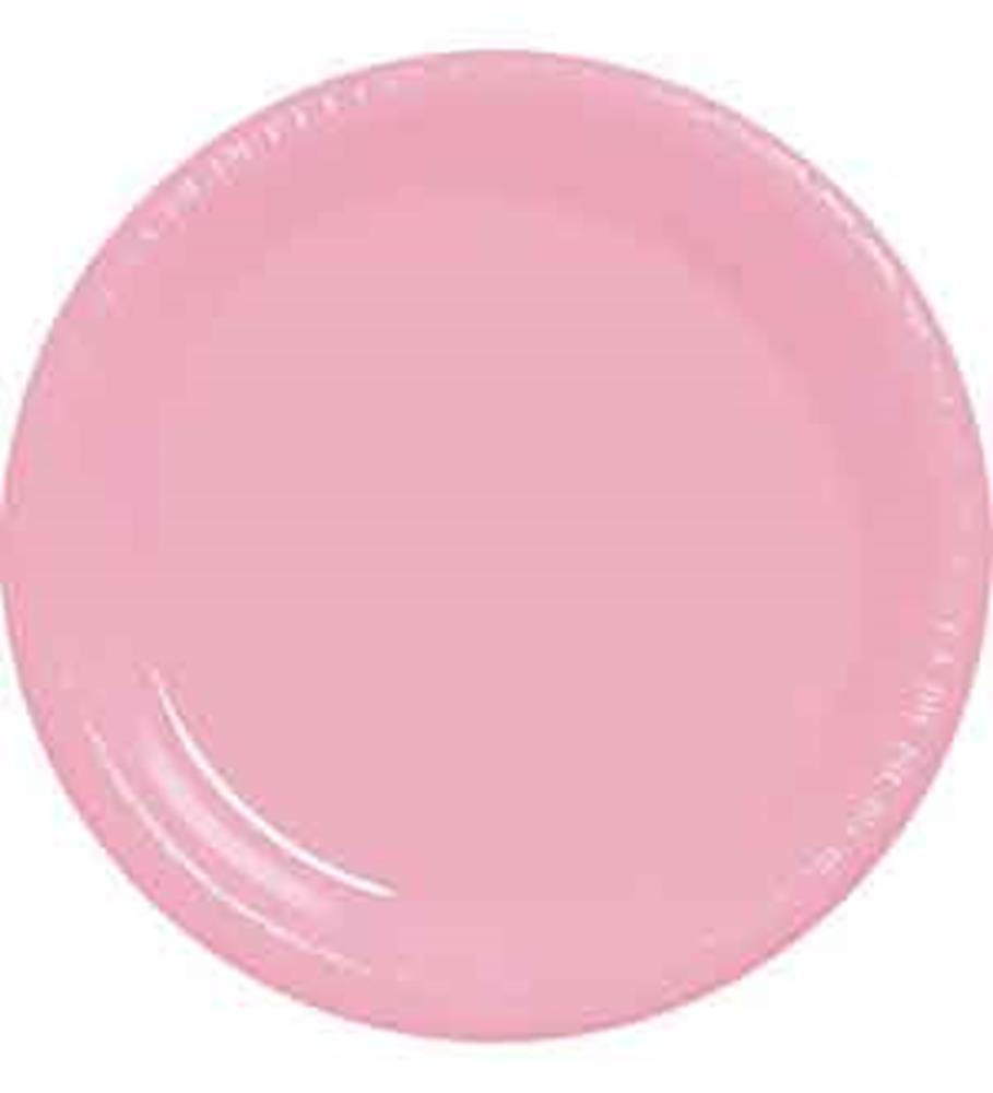 Round 10-inch smooth pink plastic plate with a glossy finish for parties or tableware.