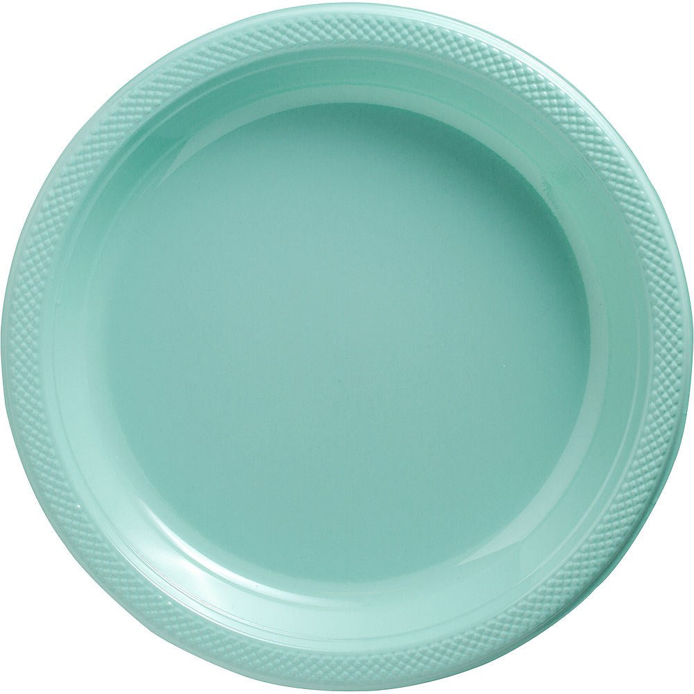 Round 10-inch robin's egg blue plastic plate with textured rim.