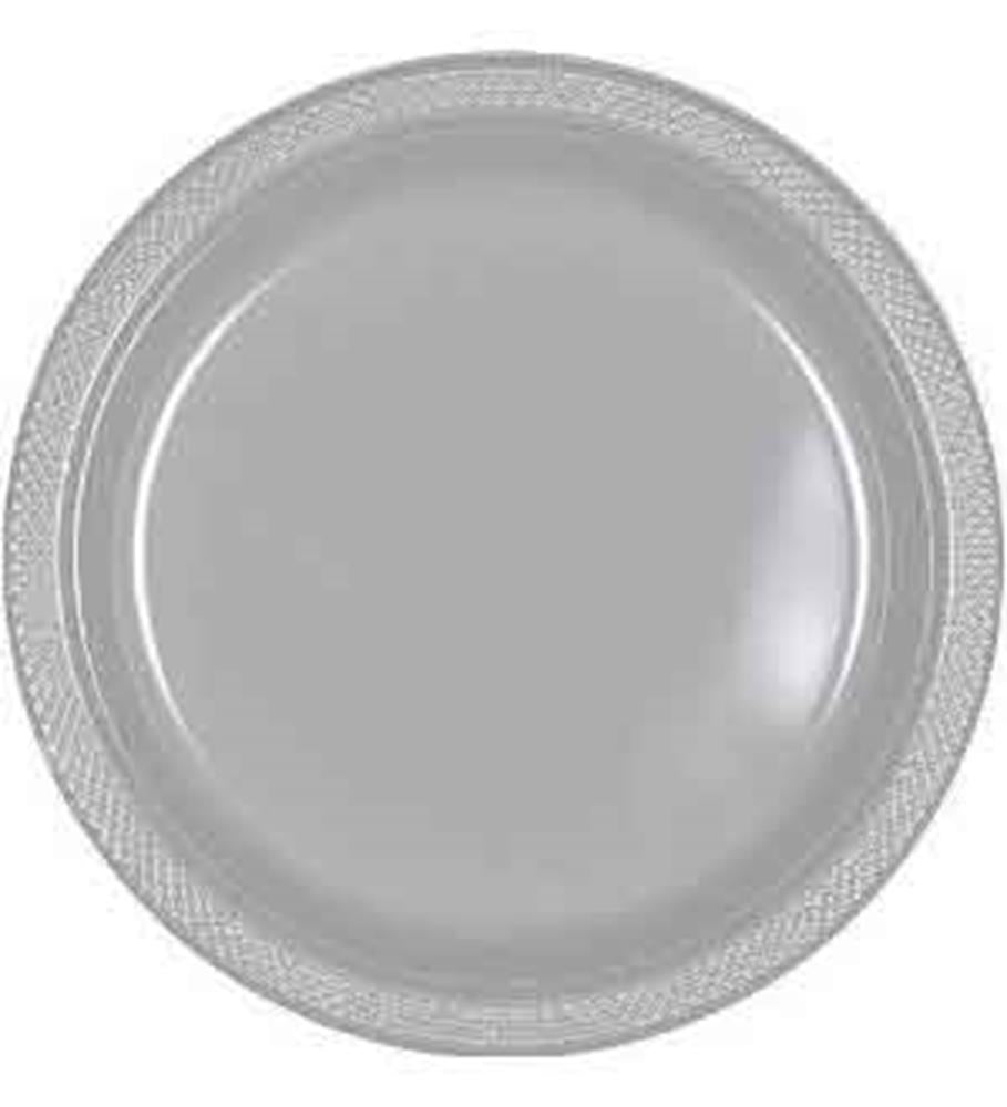 Silver round plastic plate with textured rim, 10-inch diameter, disposable tableware.
