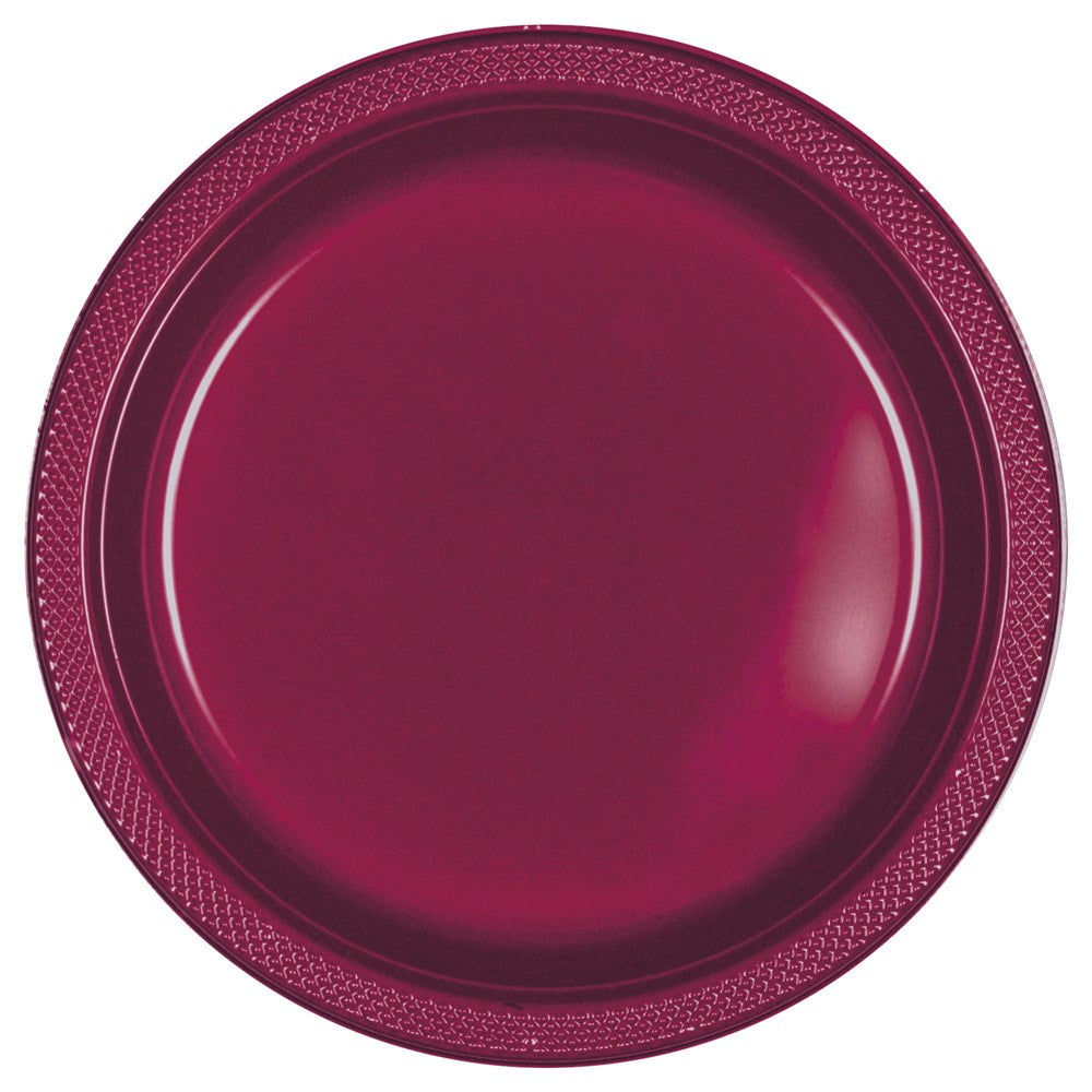Round 10-inch plastic plate in deep berry color with textured rim, set of 20.