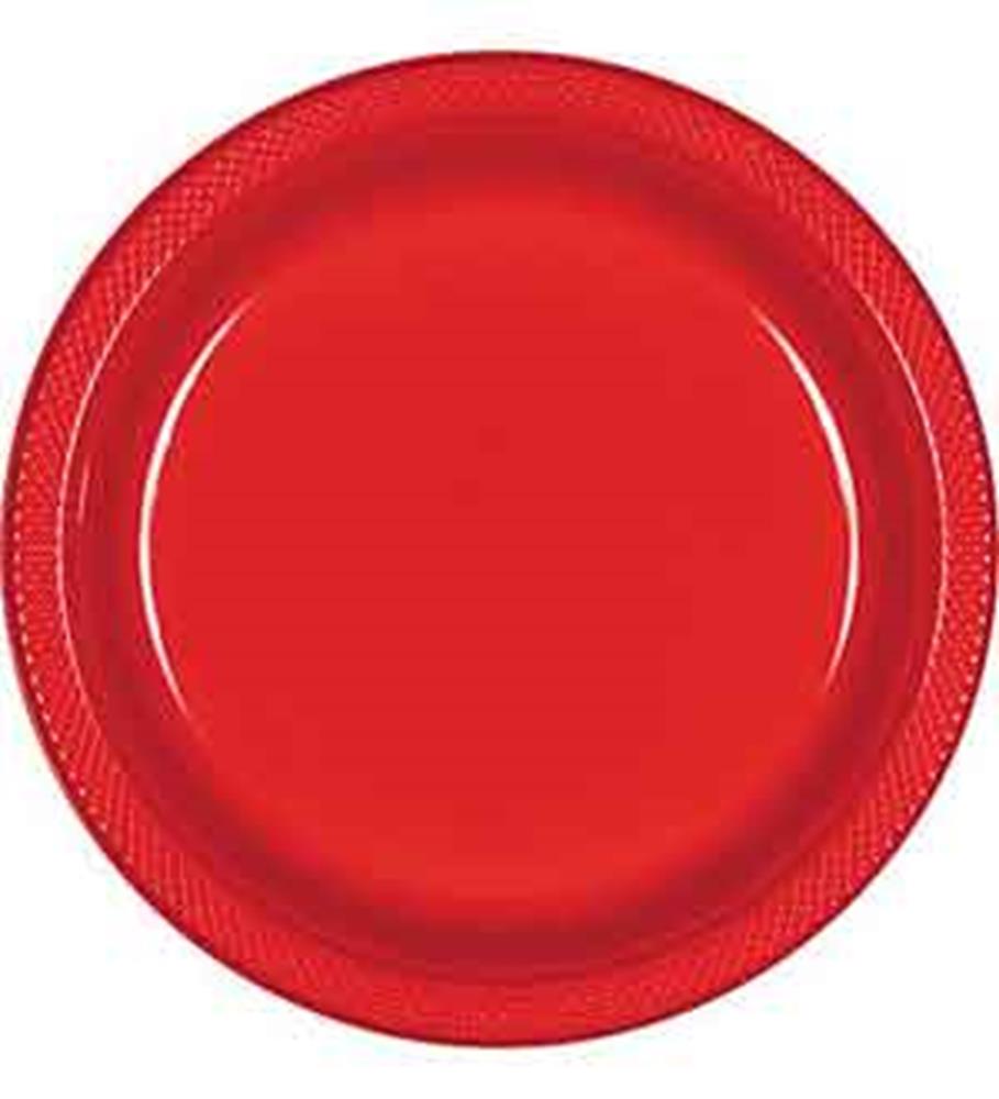 Round 10-inch apple red plastic plate with textured rim and smooth center.