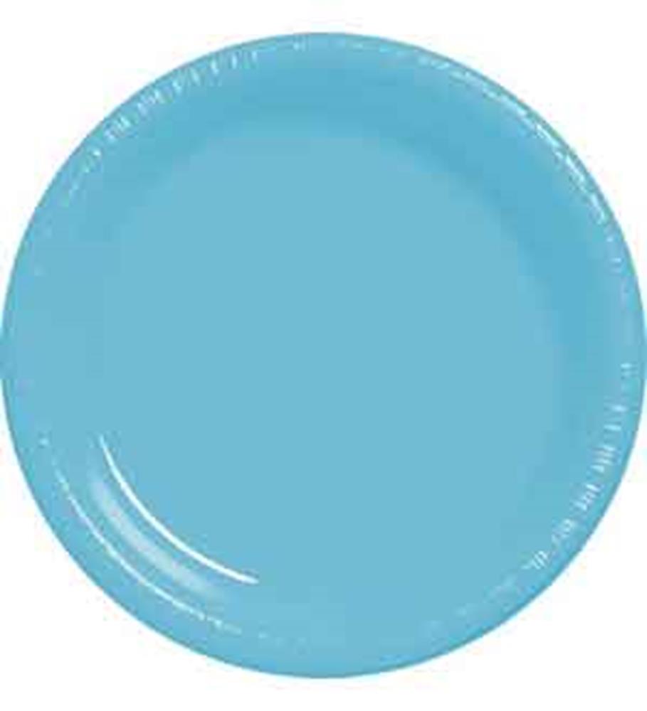 Round 10-inch plastic plate in solid Caribbean blue color with a glossy finish.