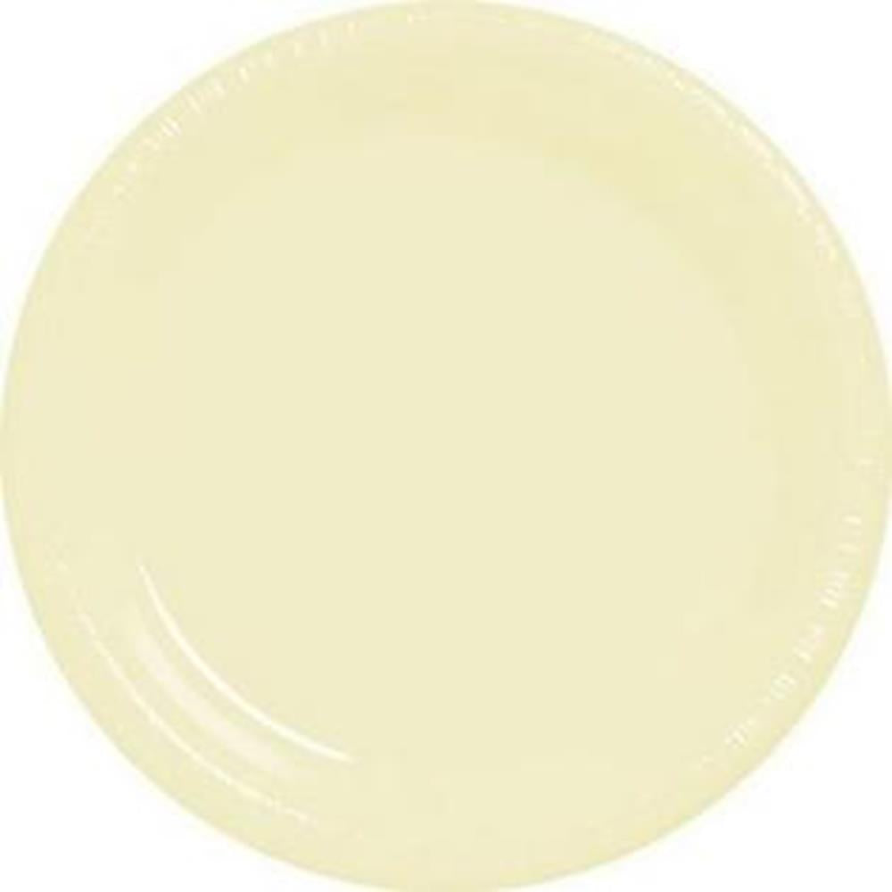 Round 10-inch plastic plate in smooth vanilla creme color with a slightly raised edge.