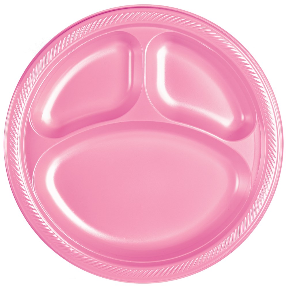 Round pink plastic plate with three compartments and a decorative embossed rim.