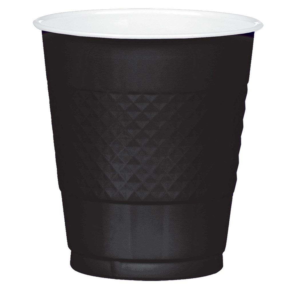 Black 12oz plastic cup with diamond-textured grip and smooth rim.