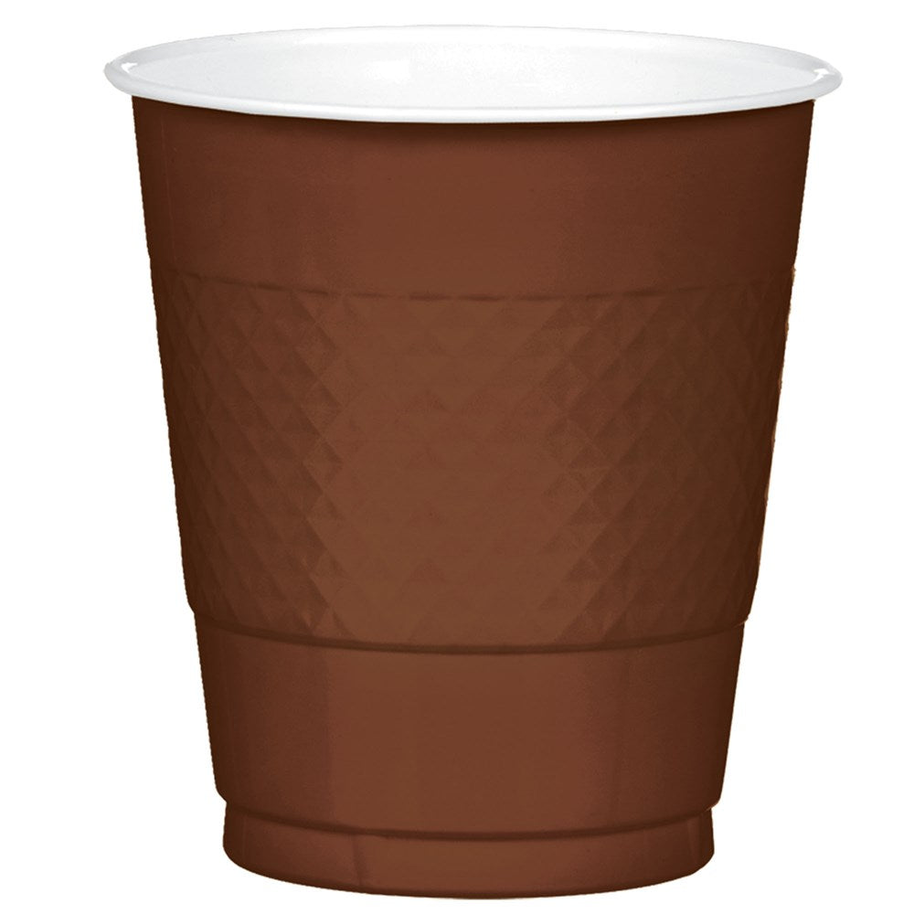 Brown plastic cup with textured grip, 12oz capacity, disposable design.