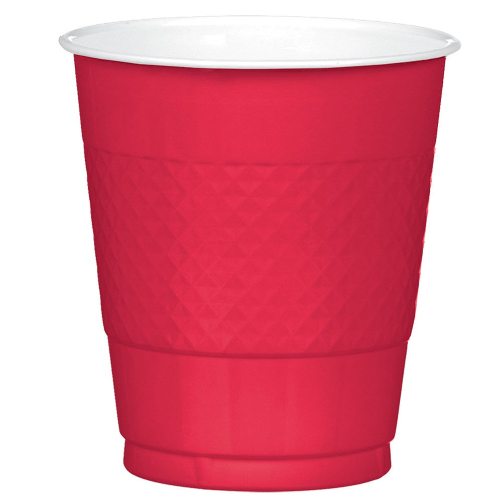 Apple red plastic cup with textured diamond pattern, 12oz capacity.