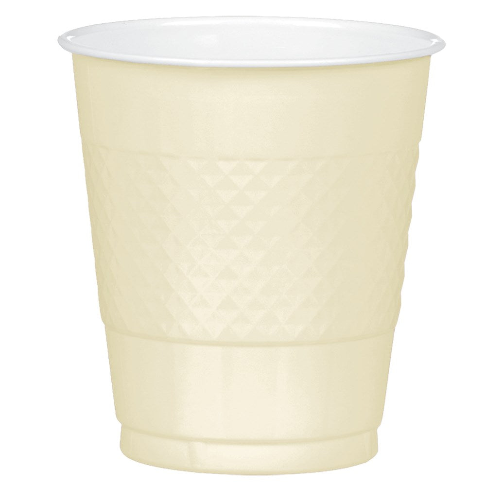 Ivory-colored plastic cup with textured diamond pattern and smooth rim, 12oz capacity.