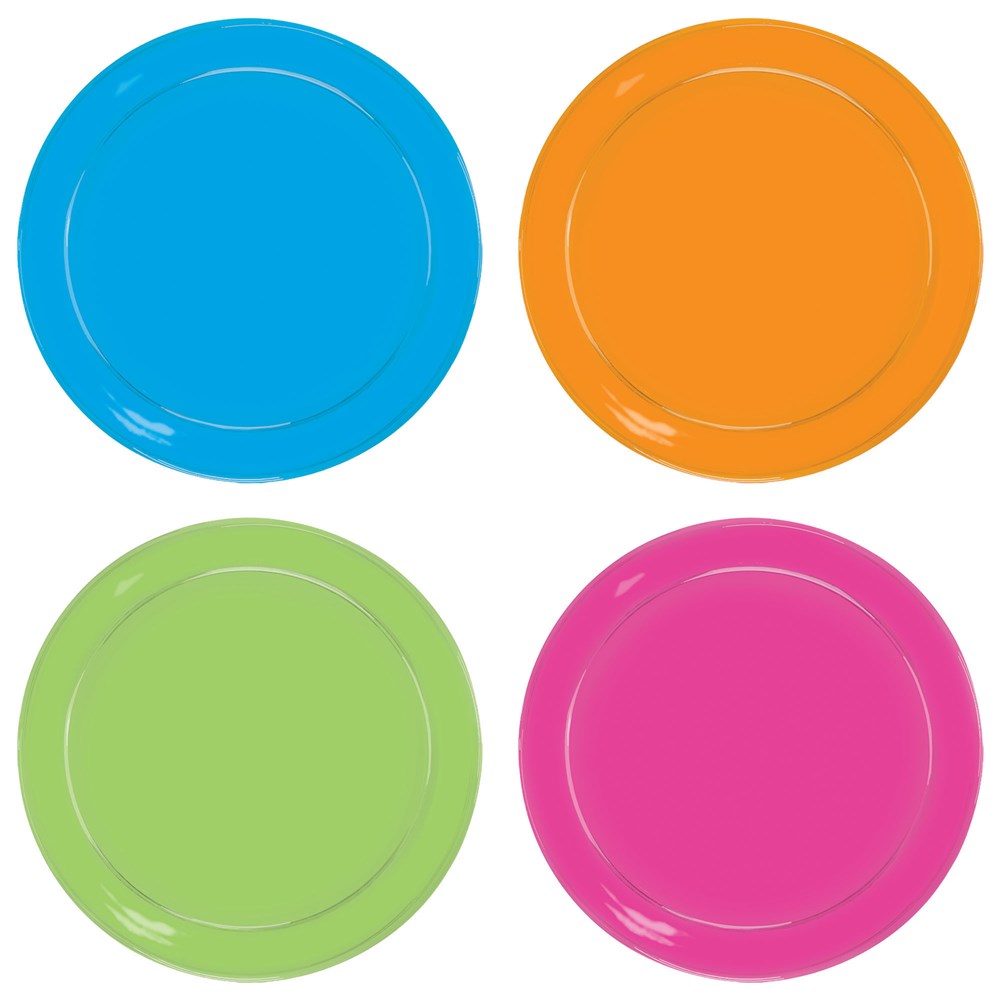 Set of four 6-inch neon plastic plates in blue, orange, green, and pink colors.
