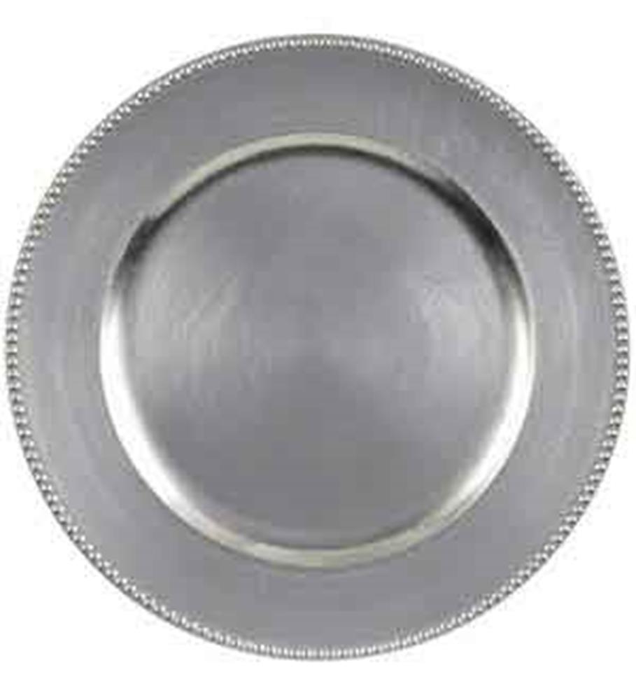 Round metallic silver plastic charger plate with beaded edge detail and smooth center.