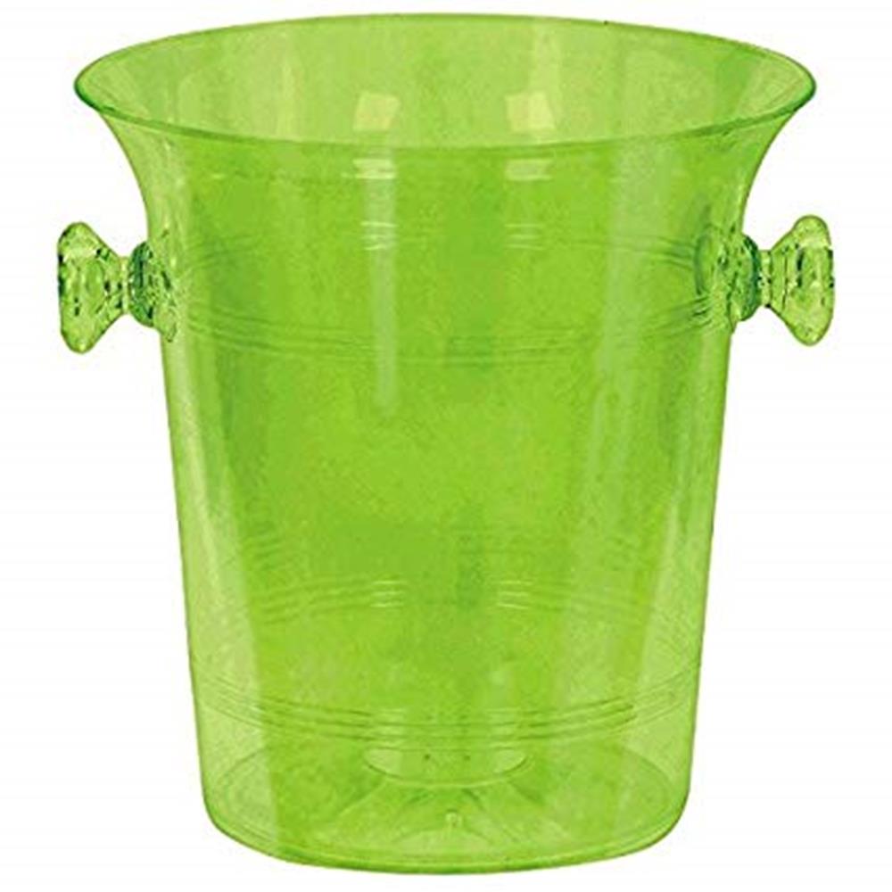 Translucent neon green plastic ice bucket with two side handles and flared rim.