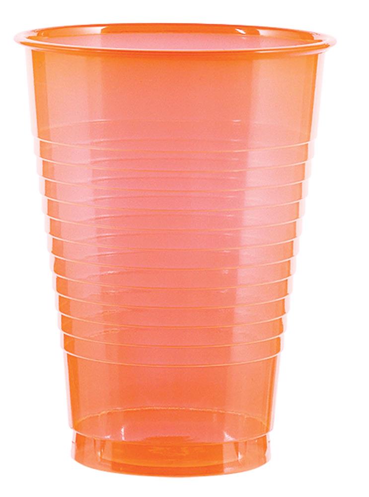 Neon orange translucent plastic cup with horizontal ridges, 16oz capacity.