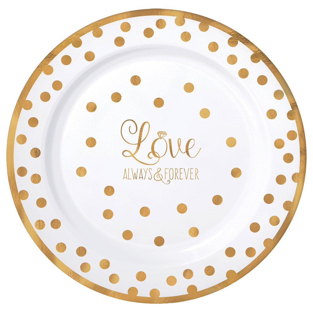 White round plastic plate with gold polka dots and "Love Always & Forever" text, 10.25 inch.