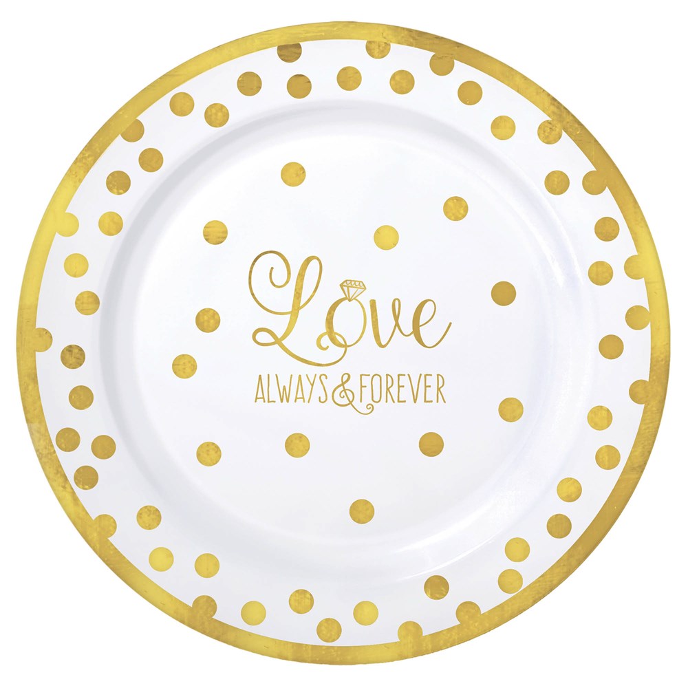 White round plastic plate with gold polka dots, gold rim, and "Love Always & Forever" script text.