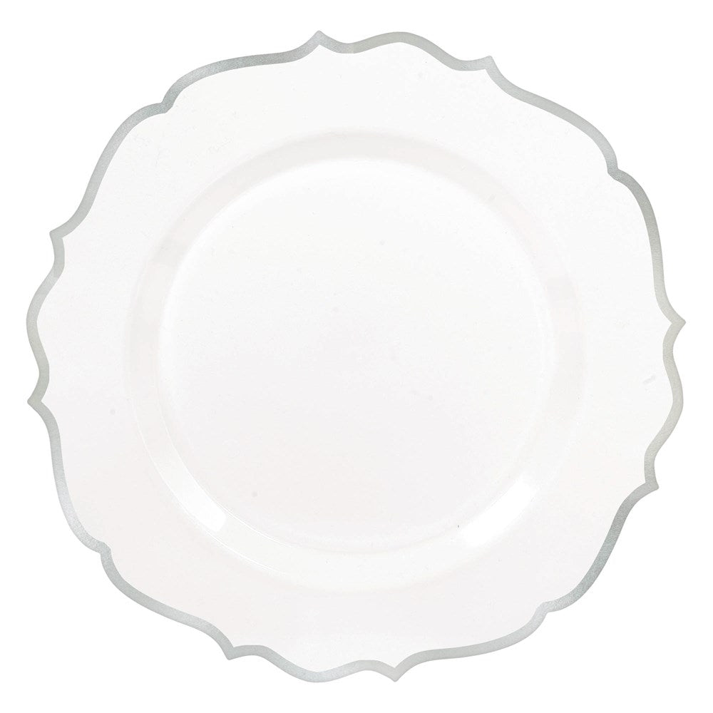 White ornate plastic plate with scalloped edges and silver trim, 10.75 inches diameter.