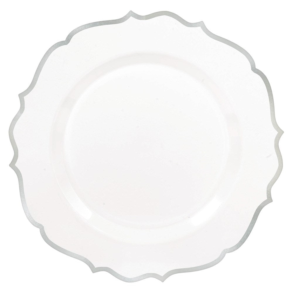 White plastic plate with scalloped edges and silver trim, 7.75 inches diameter.