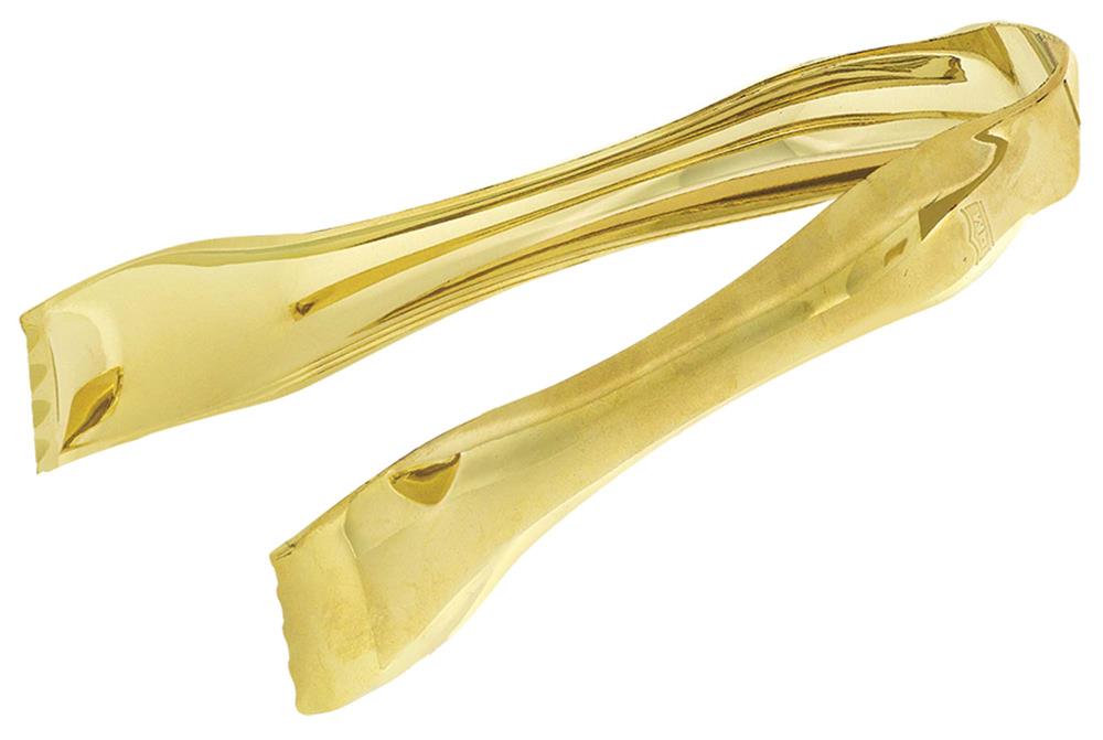 Shiny gold metal candy tong with slightly curved, flat gripping ends and smooth polished finish.