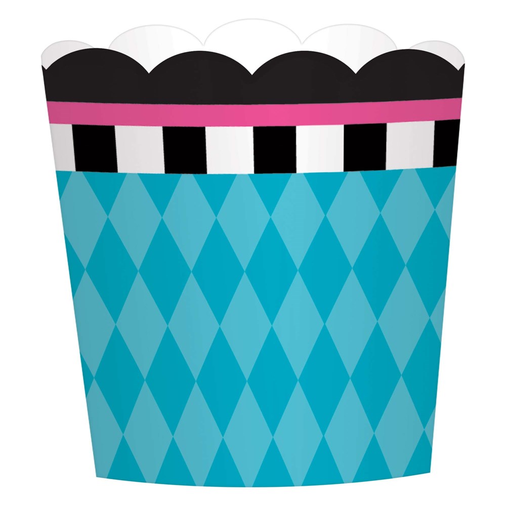 Blue cup with diamond pattern, black and white checkered band, pink stripe, and scalloped white rim.