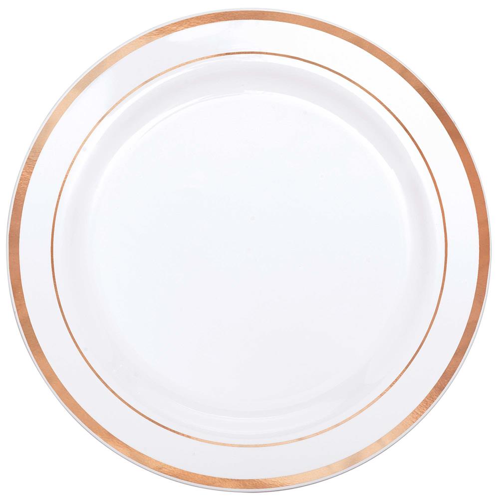 White round dinner plate with a 10.25-inch diameter and double rose gold trim around the edge.