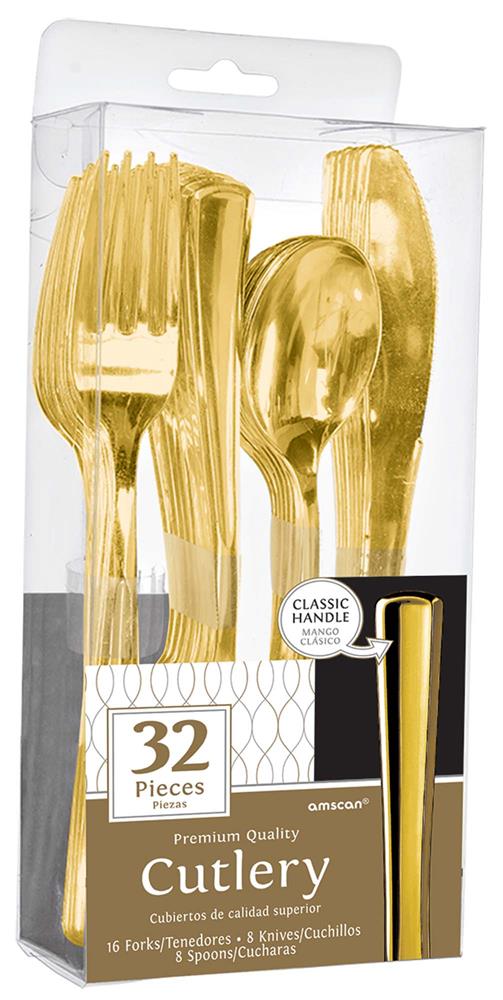 Set of 32 gold-toned plastic cutlery, including forks, knives, and spoons, in clear packaging.