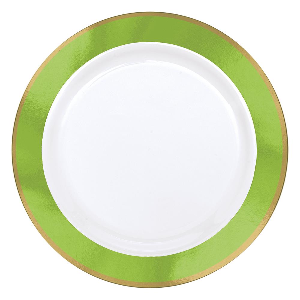 White plate with glossy green kiwi-inspired border and thin gold rim, 10.25 inches diameter.