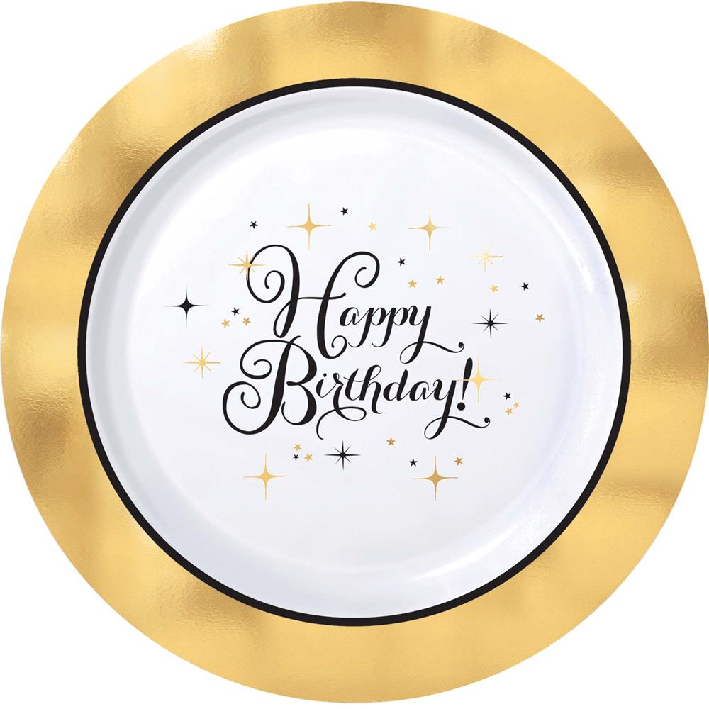 10.25-inch round plastic plate with gold rim and "Happy Birthday!" in black script surrounded by black and gold stars.