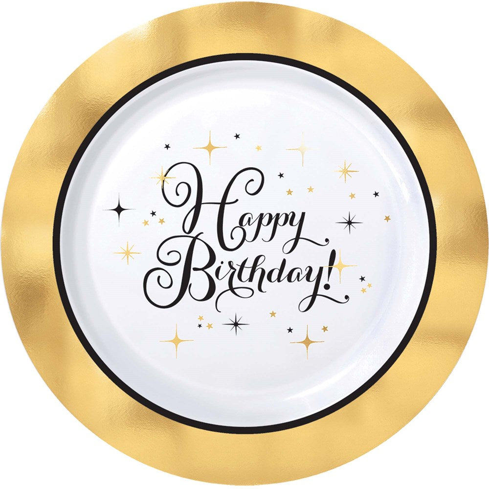 Round 7.5-inch plastic plate with gold metallic rim and "Happy Birthday!" in black script over white center with gold and.