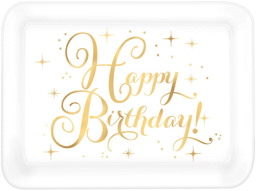 White rectangular plastic tray with elegant gold "Happy Birthday!" script and sparkling star accents.