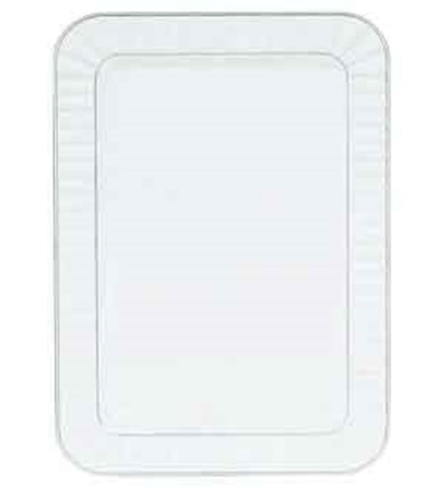 Clear rectangular plastic appetizer tray with ribbed edges, 5 by 7 inches.