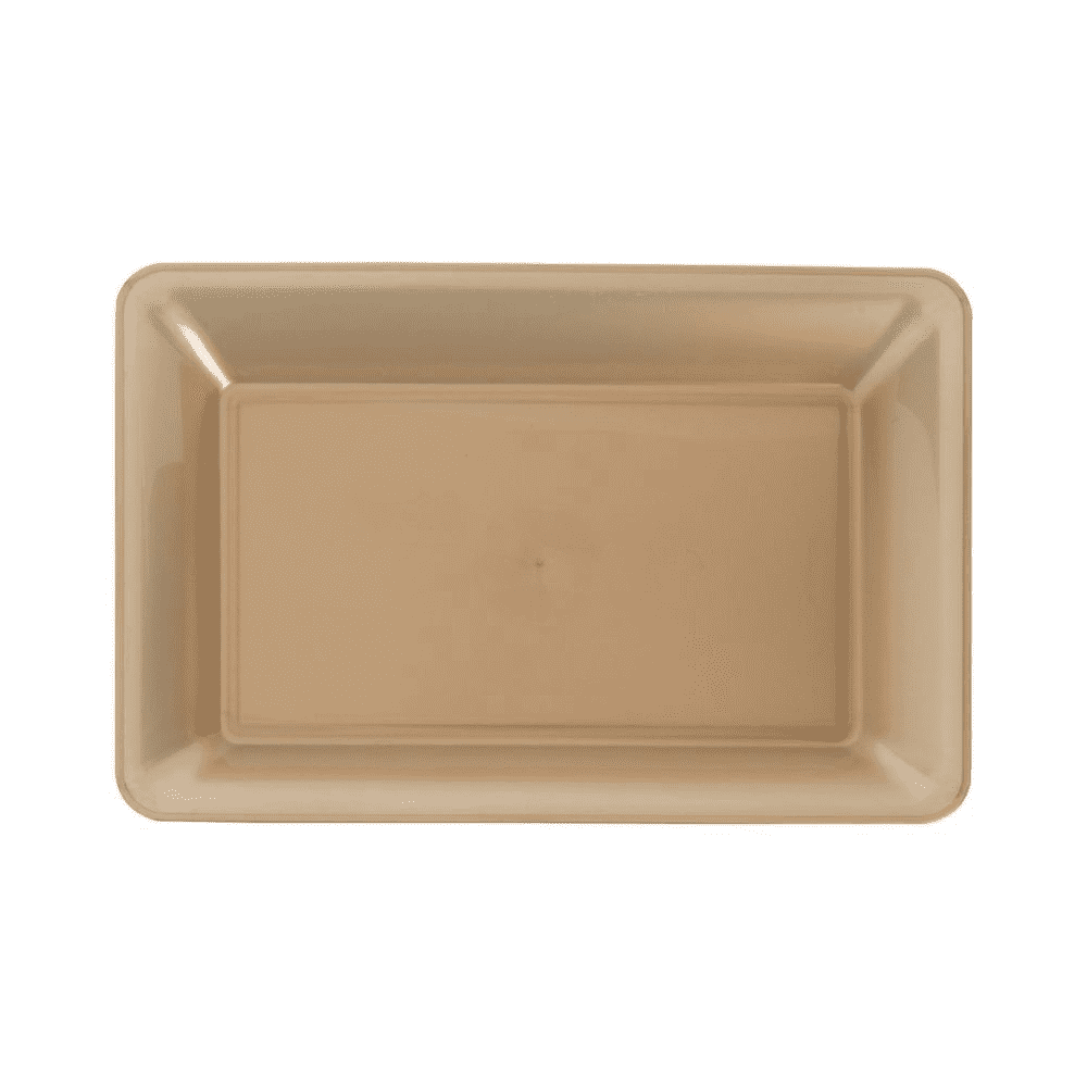 Rectangular gold tray with raised edges and glossy finish, measuring 9.2 by 14.2 inches.