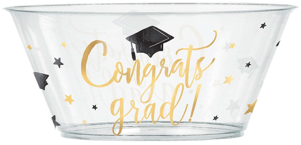 Clear plastic bowl with gold "Congrats grad!" lettering, black graduation cap, and scattered black and gold stars.