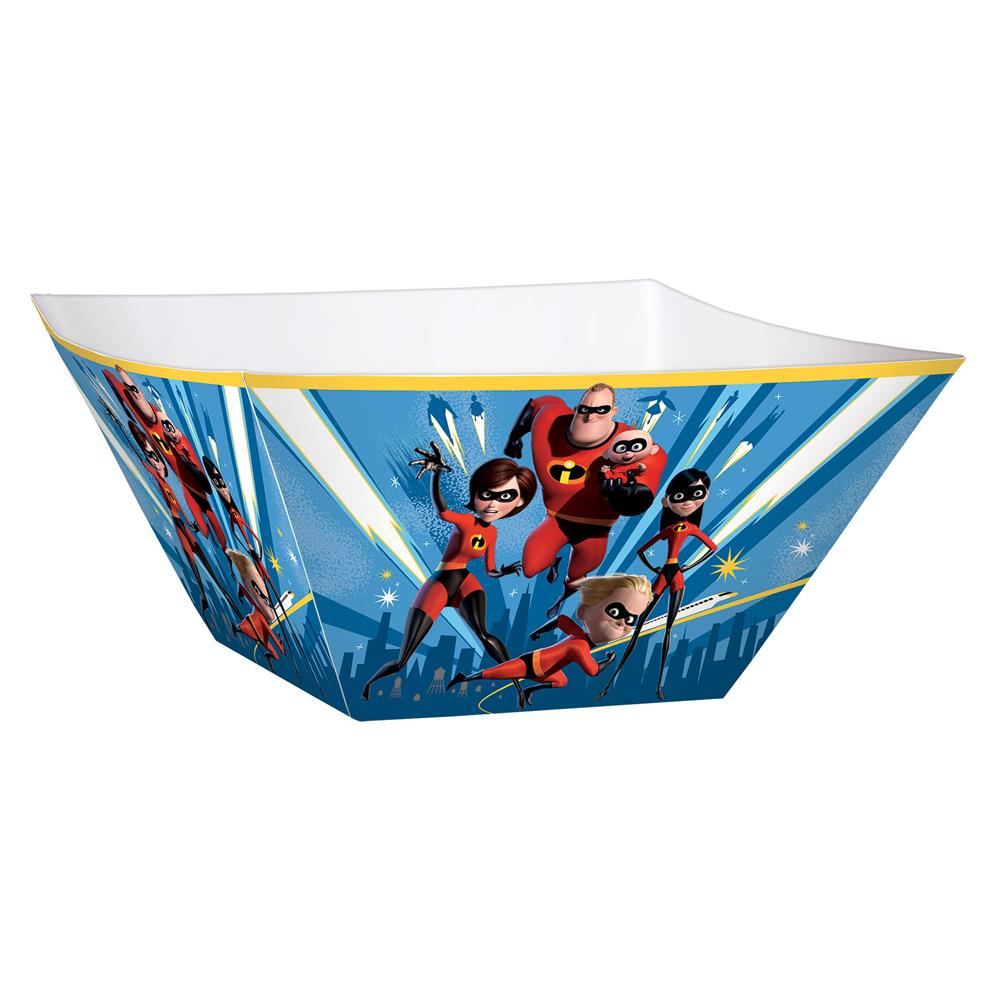 Set of three square-shaped plastic bowls featuring vibrant Incredibles 2 superhero characters on a blue background with.