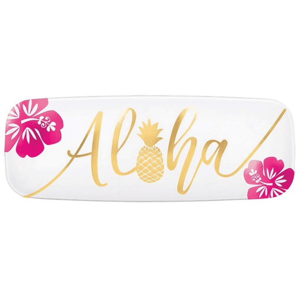 Rectangular black platter with gold "Aloha" script featuring a pineapple and pink hibiscus flowers on each end.