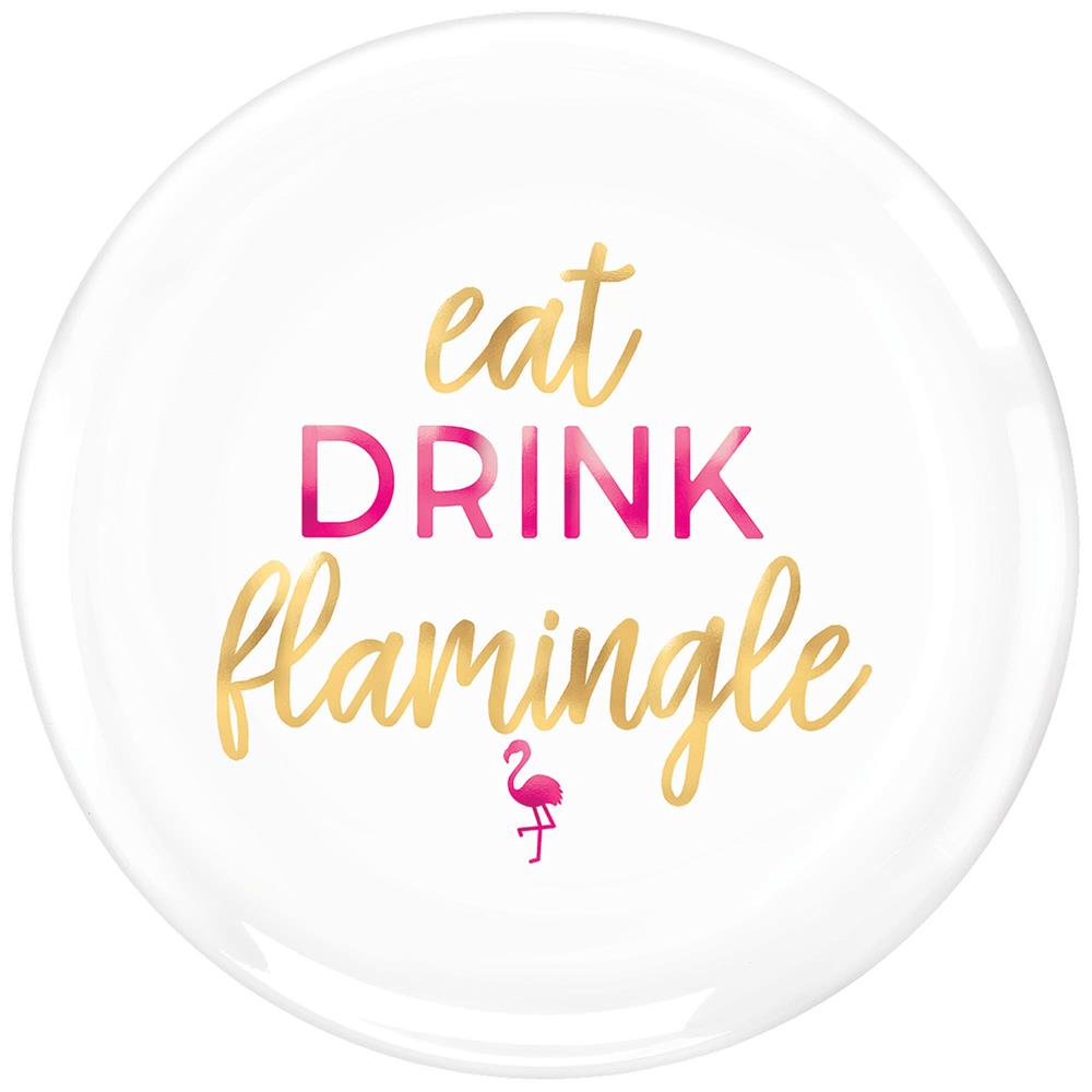 White round ceramic platter with gold and pink lettering saying "eat DRINK flamingle" and a small pink flamingo icon below.