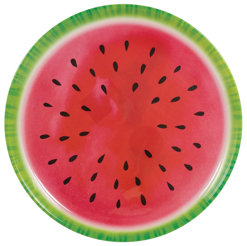 Round melamine platter designed like a watermelon slice with red center, black seeds, and green rind edge.