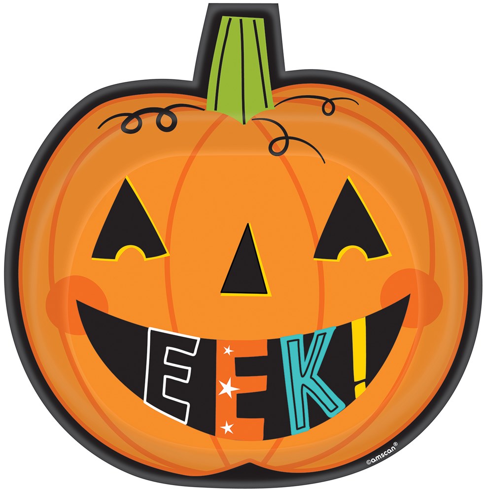 Orange pumpkin-shaped plate with black rim, green stem, jack-o'-lantern face, and colorful "EEK!" text.