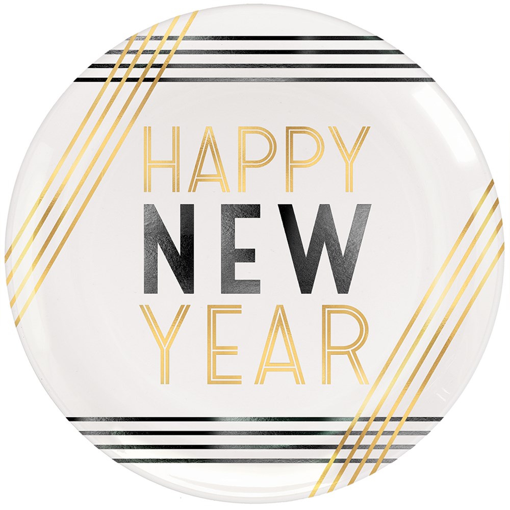Round white plastic plate with gold and black stripes and "Happy New Year" in gold and black lettering.