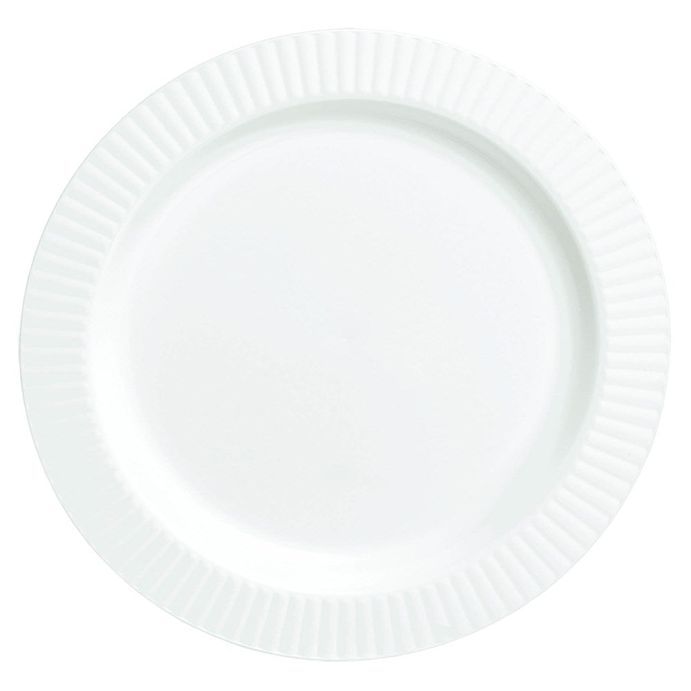 White round plate with textured rim, 10.25 inches in diameter, smooth center surface.