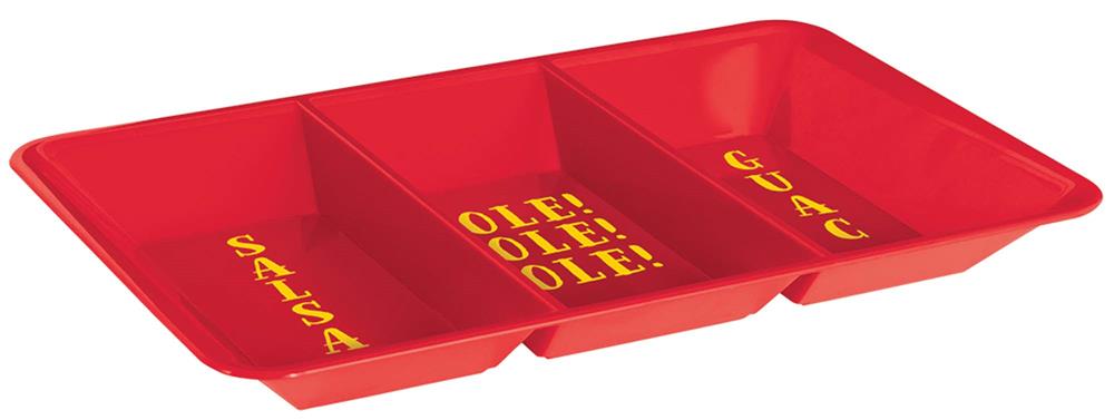 Red plastic compartment tray with three sections and yellow festive text designs.