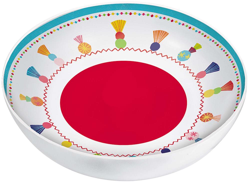 Round melamine bowl with bright red center and colorful tassel pattern around the rim.