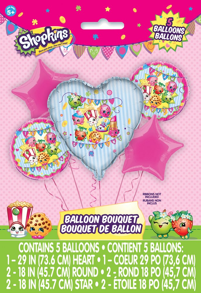 Five Shopkins-themed foil balloons in pink and blue, including heart, star, and round shapes with colorful cartoon.