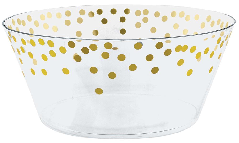 Clear plastic serving bowl with scattered gold foil dots around the rim.