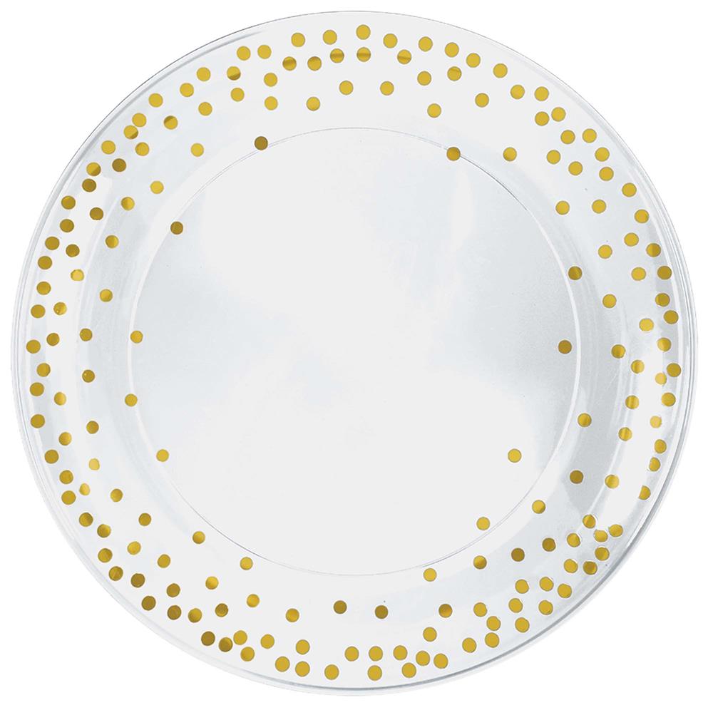 Round white serving tray with gold polka dots scattered along the rim, 14 inches in diameter.
