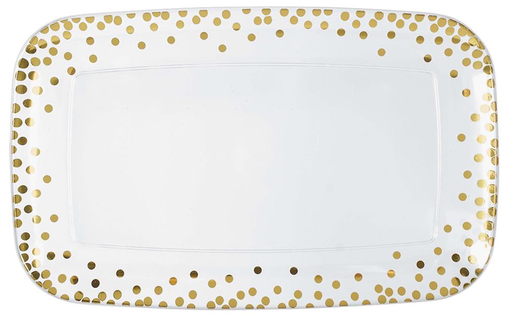 White rectangular ceramic tray with gold polka dots around the rim, measuring 11 x 18 inches.
