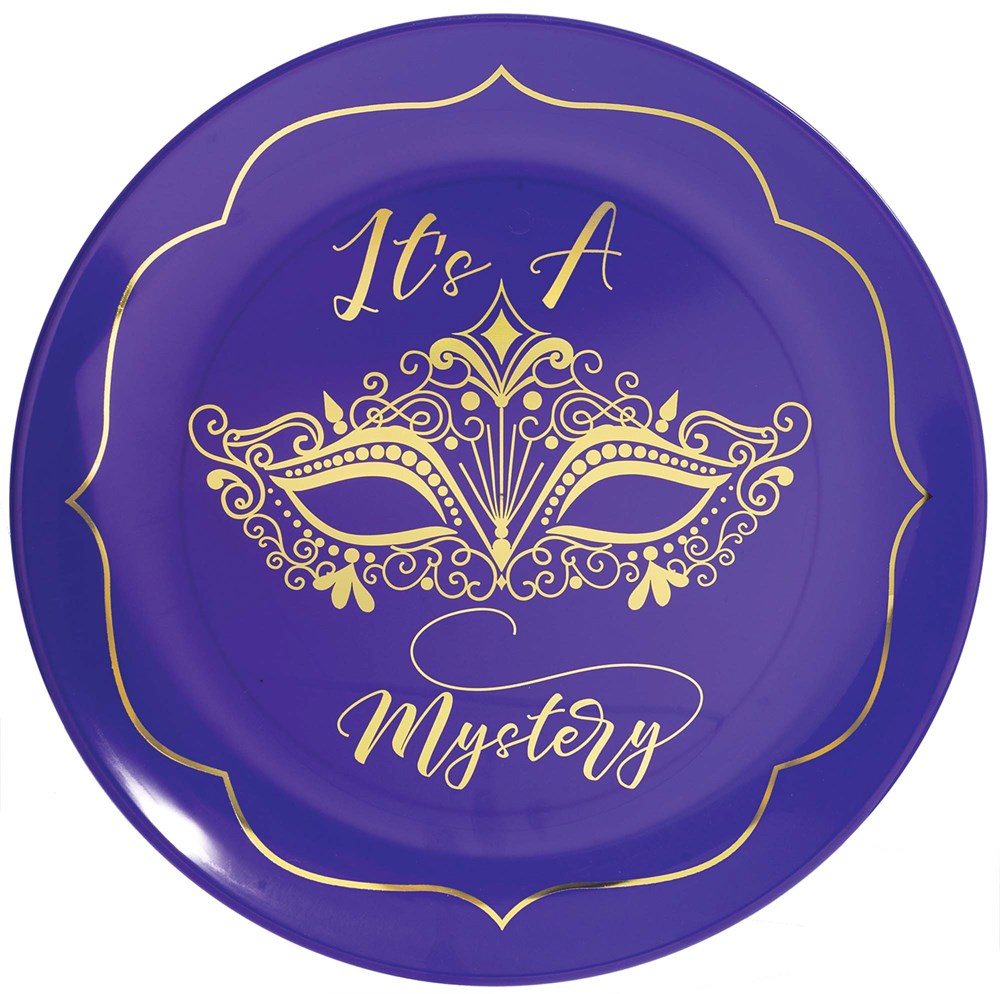 Purple 14-inch scalloped platter with gold masquerade mask and "It's A Mystery" text.