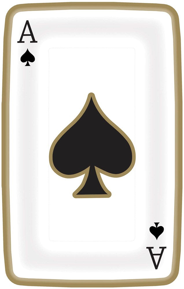 White rectangular plate shaped like an Ace of Spades playing card with black spade symbols and gold border.